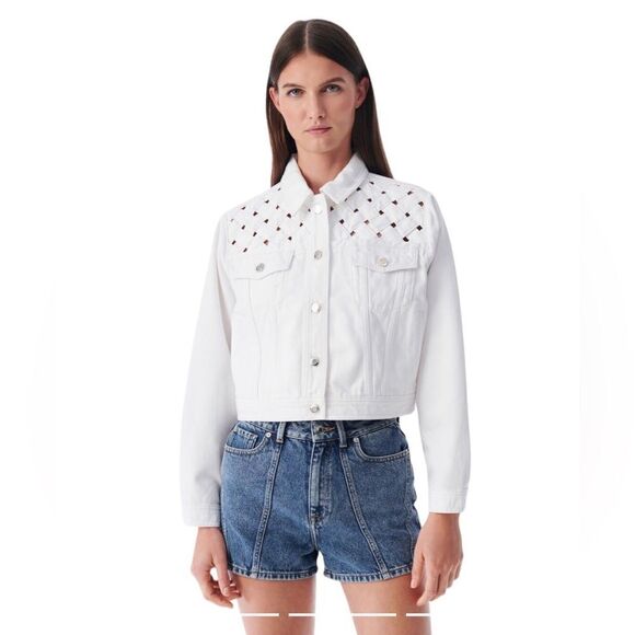 IRO Ubaldo Cropped Jean Jacket White Braided Detail US Size 6 - Picture 1 of 10